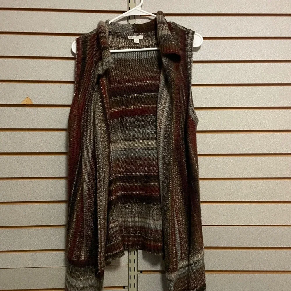 Cato Womens XL Striped Open Front Knit Vest‎ Brown Burgundy Shawl Collar RN37080